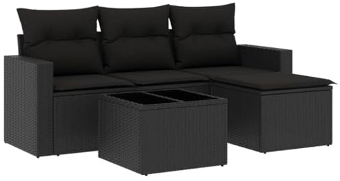 vidaXL 5-TLG. Garten-Sofagarnitur mit Kissen Schwarz Poly Rattan