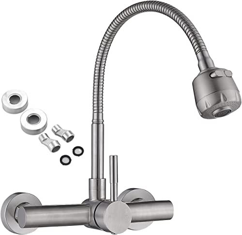 Kommerzieller Wandmontage-Spültischarmatur mit Brause, Küchenspüle-Wasserhahn 8-Zoll-Mitte, Spültisch-Mischbatterie aus gebürstetem Nickelstahl, Küchenarmatur mit herunterziehbarer Brause
