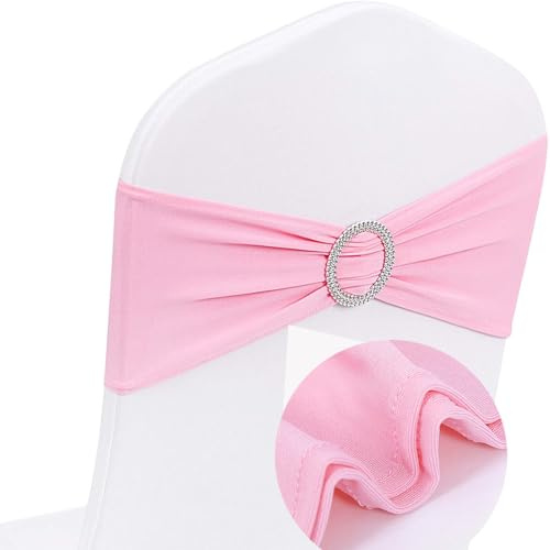 AIRIT LOVELY Paquete de 100 lazos de elastano rosa para sillas de boda, bandas elásticas universales con hebilla deslizante para decoración de banquetes y fiestas