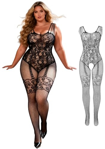 ohmydear Fishnet Bodysuit Sexy Outfits Plus Size Body Stockings Full Body for Women Lingerie Set Lace Babydoll Cut Out Ladies Nightwear L-XXL Floral Black
