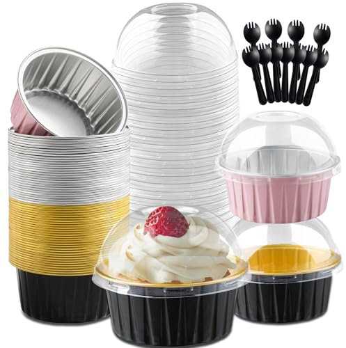 Jogoico 60 Piezas Mini Moldes para Pan con Tapas y Cucharas Aluminio 150ML Moldes para Hornear Rectangulares Reutilizables para Fiesta Cumpleaños Cocina