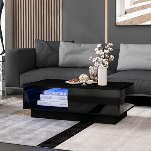 PUGSDRLY Tavolino da salotto, design moderno, con 1 cassetto e luce LED, tavolino da soggiorno con vani aperti, 95 x 55 x 32 cm (Stile 9, nero)