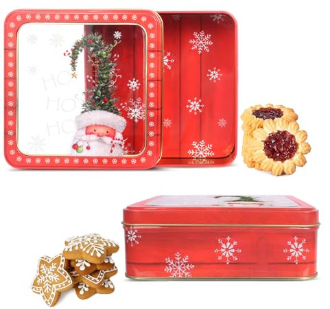 Minicoco 2 scatole di latta natalizie con finestra, scatole di latta per biscotti natalizi per conservare caramelle, biscotti, dolcetti, cioccolatini, scatole quadrate in latta natalizia con Babbo