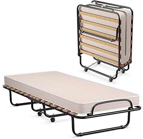 FANTASK 80x190cm Klappbares Einzelbett mit Matratze aus Rückstellschaum, Gästebett, Stabiler Metallbett, Klappbett auf Rädern, Beige