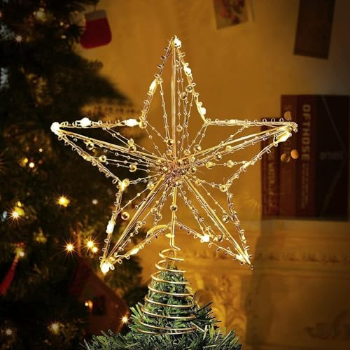 Julgransspets, LED-stjärna, trädkrona med gyllene pärla, upplyst pentagram-snöträdsspets med 20 minilampor för julgransprydnader (liten storlek) (23 cm x 18 cm)