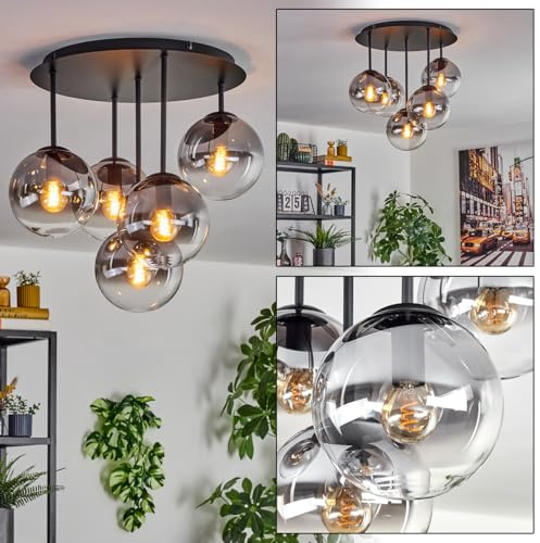 HOFSTEIN Deckenleuchte Gastor, 5-flammige Deckenlampe aus Metall/Glas in Schwarz/Rauch/Klar, moderne Leuchte im Retro/Vintage-Design (Schirme Ø 15 cm), E14, Esszimmer, Wohnzimmer, Schlafzimmer, Küche