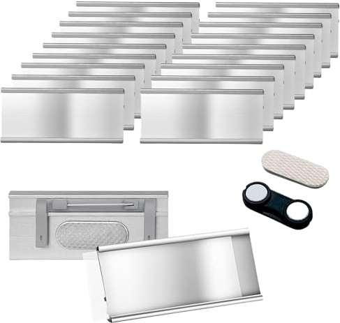 HAFRILY 20 Stück Namensschilder für Kleidung Magnet 72 × 32 mm Aluminium Namensschilder Magnet Starkem Doppelmagnet & Nadel für Arbeit, Ausstellung, Restaurant, Schule