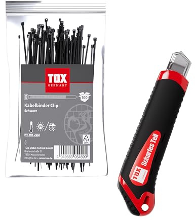 TOX Kabelbinder-Set Clip (300-tlg.) + Cuttermesser, Kabelbinder in 3 Größen mit jeweils 100 Stück, 2,5 x 100/140/200 mm + 1 Teppichmesser mit ABS-Gehäuse und 2 Ersatzklingen, 09990918
