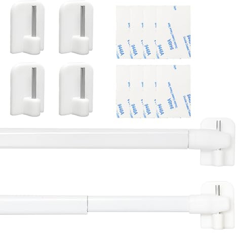 UIHRLM 2Pack Net Curtain Rod, 15.7-27.5 Inch Self Adhesive Metal Extendable Curtain Rods with Sticky Hooks, No Drilling Adjustable Net Curtains Rods for Home Bathroom Cupboard Windows (White)
