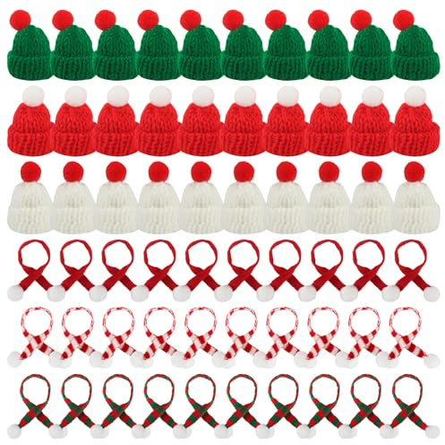 Vaskula 60 Stück Mini Weihnachtsmützen und Mini Schal Set Kleine Weihnachtsmützen Schneemannmütze Strickmütze Schal für Flaschen Deko Weihnachten Wichtel Kleidung Weihnachtsfeier Dekor