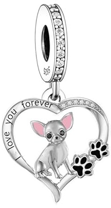 Chihuahua Hund Charm für Pandora Armband – 925 Sterling Silber Anhänger, Pfote Herz Geschenk für Hundemama, Damen & Mädchen