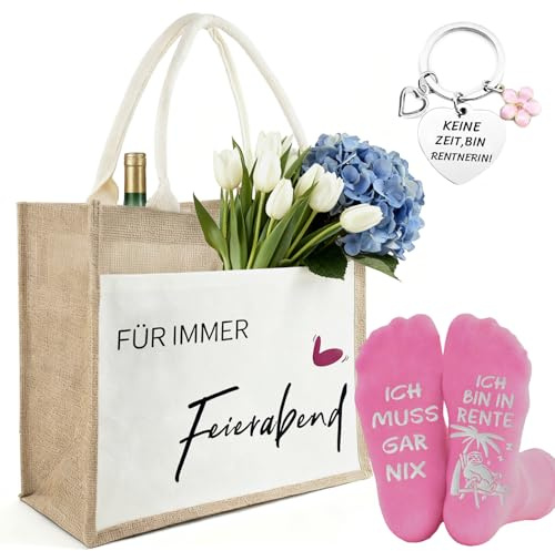 ePicsoa Ruhestand Geschenk Frauen - mit Schlüsselanhänger und Socken | Faltbare Wasserdicht Einkaufstasche, Abschiedsgeschenk, Rente Geschenke Abschiedsgeschenk Kollegen