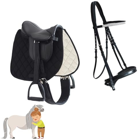 My Sweet Pony® Kinder Shetty Sattel-Set + Trense in Schwarz | für Pony Shetty und Holzpferd | Alles enthalten | kompletter Sattel + Trense | Ideal für erste Reitversuche | Sattel DIN geprüft