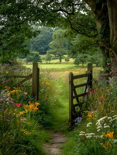 STYLER Leinwandbild Garden Gate 60 x 80 cm – Malerischer Gartenpfad mit Tor – Naturidylle, Ruhe und ländlicher Charme