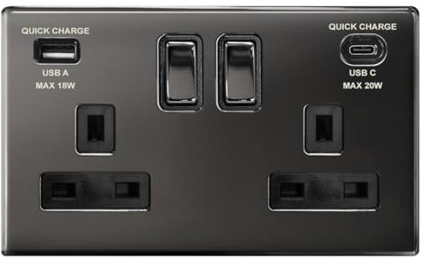 Double Switched Socket with USB-C and USB-A Charging, Black Nickel Metal, 13A 250VAC, 20W Fast Charge N4118GME