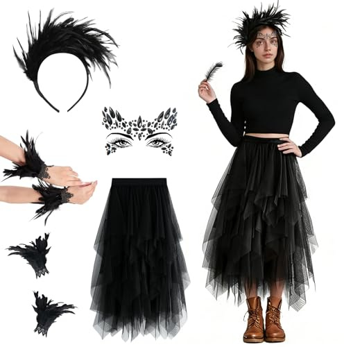 CHENBOOW 20er Jahre Kostüm Damen,Feder Haarschmuck,Halloween Kostüm,Schwarz Federn Kostüm,Langer Tüllrock,für Fasching Party Karneval Bühnenstück Mottoparty