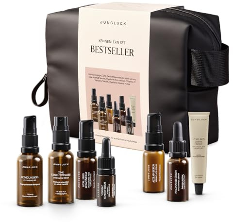 JUNGLÜCK Juego de regalo para piel radiante, gel limpiador, tónico facial de zinc, 4 sueros y crema hialurónica, rutina para una piel clara