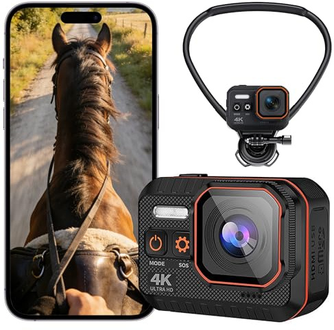 Action Camera Equestre 4K 60FPS con Gimbal Indossabile Anti-Vibrazione, Telecamera POV per Equitazione in Prima Persona, Stabilizzazione AI a 6 Assi, Impermeabile IP68, Supporto Toracico per Allenamen