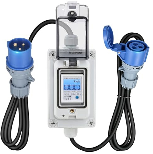 Mobile Digital Electricity Meter with Leakage Protection, 230V 16A Power Consumption Meter, IP67 Waterproof & Power-Off Memory, Energy Monitor for Motorhomes, Boats, EVs, Outdoor/Indoor Use