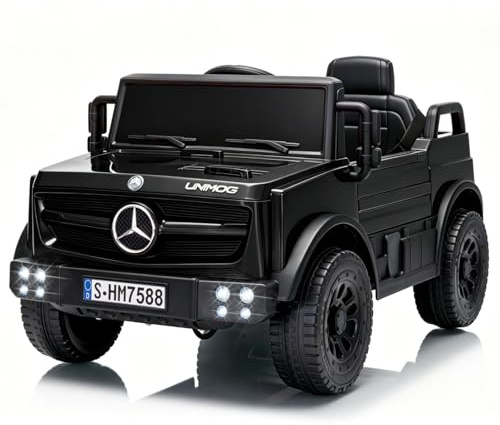 TCARAIWEN Kinderauto Elektro Mercedes-Benz Unimog Lizenz, 12V Elektroauto für Kinder 3-6 Jahre, Kinderfahrzeug mit Fernbedienung, 3-Punkt-Gurt, Bluetooth, 5 km/h (Schwarz)