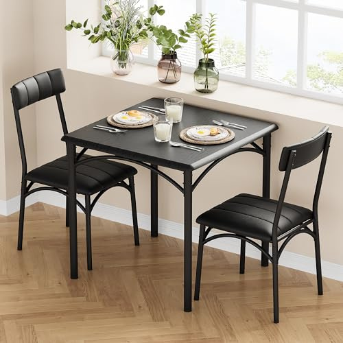 GarveeMore 3-Teiliges Esszimmer Set für 2 Personen, Esstisch klein & 2 Gepolsterte Stühle, Metall & Holz Design, Kleiner Küchentisch Tisch Essgruppe Mit 2 Stühlen für Kleine Räume Küche, Schwarz