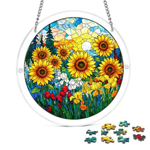 Acrylic Jigsaw Puzzle Suncatcher, Sunflower Field Sun Catchers for Windows | 83 Pieces Acrylic Suncatcher Puzzle with Frame and Chain, DIY Home Decor Gift for Women Men Birthday, 7 In