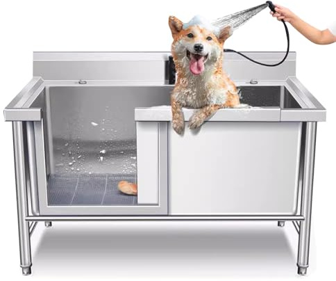 Stainless Steel Dog Bath Tub with Left Door - Outdoor Pet Grooming Sink & Multi-Functional Shower for Dogs & Cats - 120cm Pet Washing Station with Stool