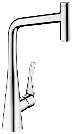 hansgrohe Metris Select Einhebel-Küchenarmatur (Komfort-Höhe 320 mm, mit Ausziehauslauf und Schlauchbox) Edelstahl Finish