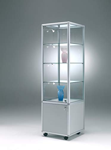 Glasvitrine T 52,5 x B 52,5 x H 184,5 cm - schmale Ausstellungs-Vitrine mit Unterschrank abschließbar - Glas Vitrinenschrank - LED-Beleuchtung