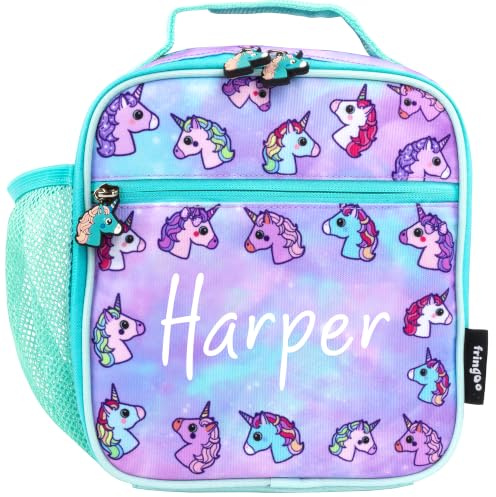 Fringoo Personalised Kids Lunch Bag Thermal Insulated 2 Compartment Cooler Bag with Side Mesh Pocket Nursery School Travel Lunchie (Pastel Unicorns)