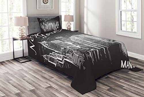 ABAKUHAUS NYC Tagesdecke Set, New York Manhattan-Wolkenkratzer, Set mit Kissenbezügen Waschbar, für Einzelbetten 170 x 220 cm, Anthrazit Grau
