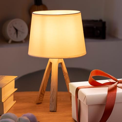 Aigostar - Lampada da comodino con paralume in tessuto e corpo in resina, attacco E14. Lampade da comodino design elegante e funzionale, base a treppiede, perfetta per ogni soggiorno, Marrone