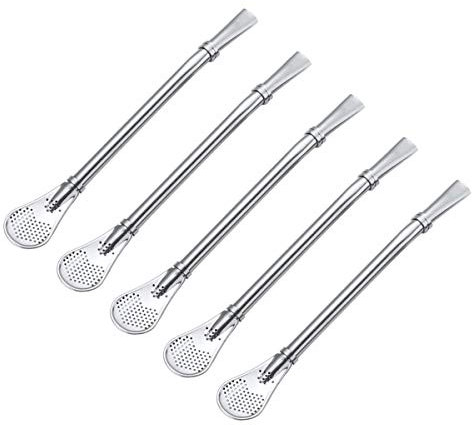 POFET Stainless Steel Yerba Mate Bombilla Straw for Mate Tea, Drinking Straws for Mate, Spoon Bombillas Straws, Silver Set of 4