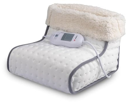 alpina - Scaldapiedi elettrico a 3 livelli di calore, rivestimento interno lavabile, 100 Watt, bianco/grigio, 30 x 30 x 23 cm