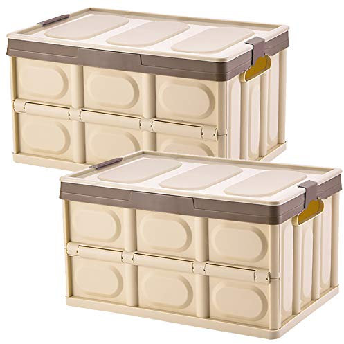 Tuevob 30L Foldable Storage Box with Plastic Lid for Clothes, Toys, Books, Food, Shoes and Grocery (2 Pack) (Khaki)