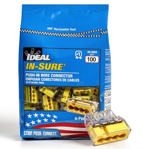 Ideal Electrical in-Sure Push-in Wire Connector, 4-Port (30-1034P), Bag of 100-Color Coded No-Twist Connectors for Solid and Stranded Wires