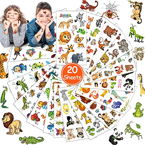 Tatuaggi Temporanei Bambini, 20 Fogli Animali Insetto Tatuaggi per Bambini Finti Adesivi Tatuaggi Temporanei per Ragazzi Ragazze, Impermeabili Tatuaggi Bambini per Compleanno Festa Decorazione Regali