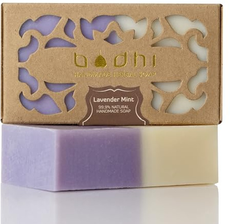 Bodhi® Naturseife LAVENDEL & MINZE 100g / mit Zusatz von flanzenextrakten und ätherischen Ölen, Handgemacht, Geschenkverpackung/Bio & Vegan