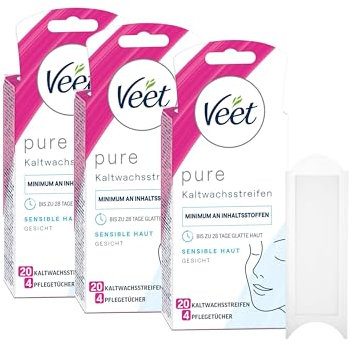 Veet PURE Kaltwachsstreifen – Geeignet für sensible Haut – Anwendung für Gesicht – Bis zu 28 Tage glatte Haut – 10 x Doppelstreifen à 20 Anwendungen - 3er Pack