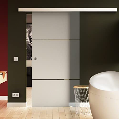 Glas-Schiebetür 650x2050 mm 2-Streifen-Design Sadora® Slimline-System komplett Laufschiene in Edelstahl-Optik und Muschelgriffen Schiebetür aus Glas für Innenbereich