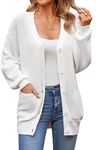 QUALFORT Women's 100% Cotton Button Down Cardigan Sweater with Pockets