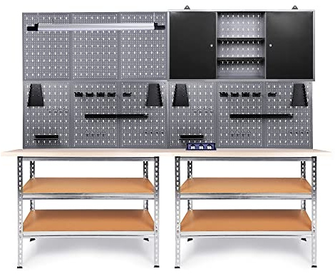 Ondis24 Werkstatteinrichtung 240 cm Werkbank Uwe, Metall, Lochwand mit Hakensortiment, 2 Werkstattschränke Arbeitshöhe 92 cm inkl. versenkbarer Steckdosenleiste und Bluetooth LED Lampe (schwarz)