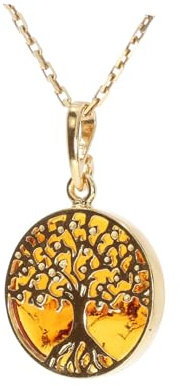 Artisana-Schmuck Bernstein Anhänger, kleiner Lebensbaum Anhänger (ohne Kette) aus Bernstein und 925/000 Sterling Silber vergoldet