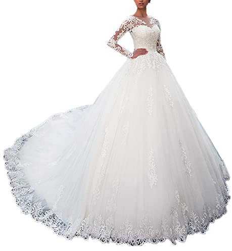 HEULORIA Manches Longues Robe de mariée de Princesse Grand Perles de Dentelle Robe de mariée Longue de Train BA-DDL-BA (as4, Numeric, Numeric_40, Regular, Regular, White)