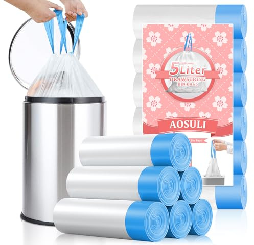 AOSULI 5L Pedal Bin Liners, White Bin Bags with Drawstring, 108 Count | Strong Bin Bags, Tear-Resistant Design, Suitable for Bathroom, Office and Living Room Small Bins