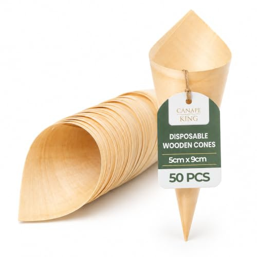Disposable Wooden Serving Cones 50 Pcs |100% Biodegradable Ice Cream Snacks BBQ Holder (5cm Diameter x 9cm Depth) | Suitable for Christmas Weddings Parties Food Takeaway