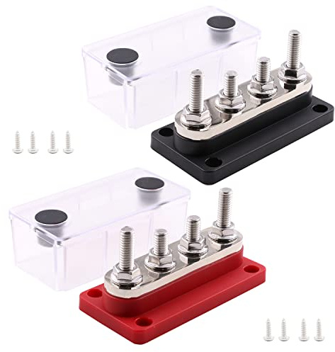 Gloaso Sammelschiene 12V-48V Kupfer Bus Bar Verteiler 300A mit 4x M8 Busbar Klemmleisten, Heavy Duty DC Batterie Sammelschienen 300 Amp für Kfz LKW Boot Solar Wohnmobil Marine, Rot& Schwarz 2 Pack
