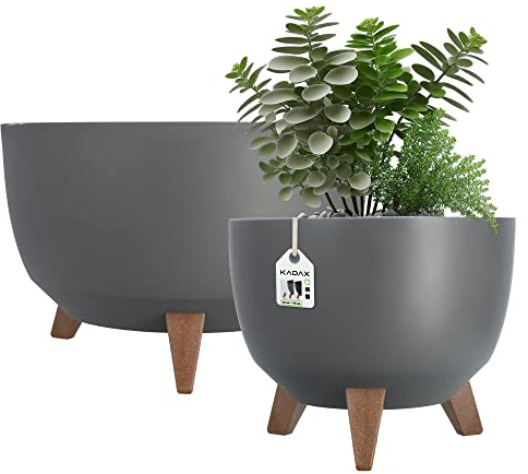 KADAX Blumentopf aus Kunststoff mit DREI Einsteckstützen, runde Blumenschale, Pflanzkübel, Blumenkübel, Pflanzschale für Balkon, Wohnzimmer (Set: 29cm ⌀ + 39,5cm ⌀, anthrazit)