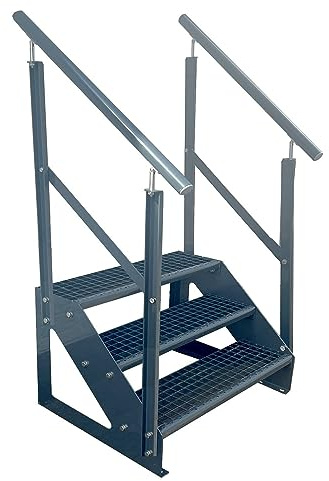 Kaminbau Mierzwa Premium Treppe Freistehend 3 Stufen Anthrazit beidseitigem Geländer (Breite 1200 mm) (Höhe 57cm) Wetterfest Gitterroststufe Gartentreppe