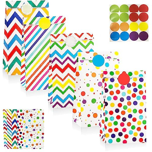 SJBAUTYO 20 Stück Papiertüten mit 20 runden Aufklebern,Geschenktaschen,Regenbogen Punkte Candy Tüten für Hochzeit, Geburtstag, Partyzubehör und Geschenktüten Mitgebsel Tüten, 24 x 13 x 8 cm